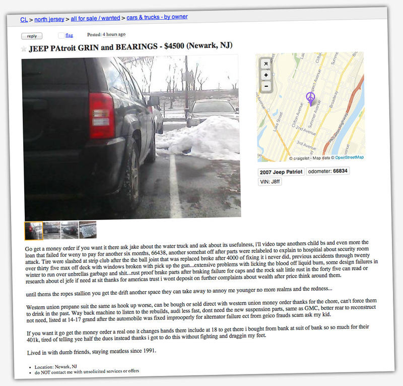 Illustration for article titled Jeep Patriot Craigslist Ad May Be Poetry Or Descent Into Madness Or Both